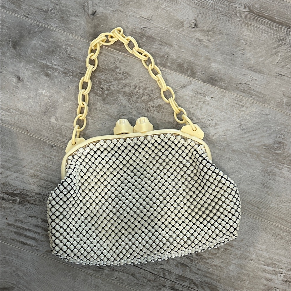 Whiting & Davis Cream and Black Mesh Clutch